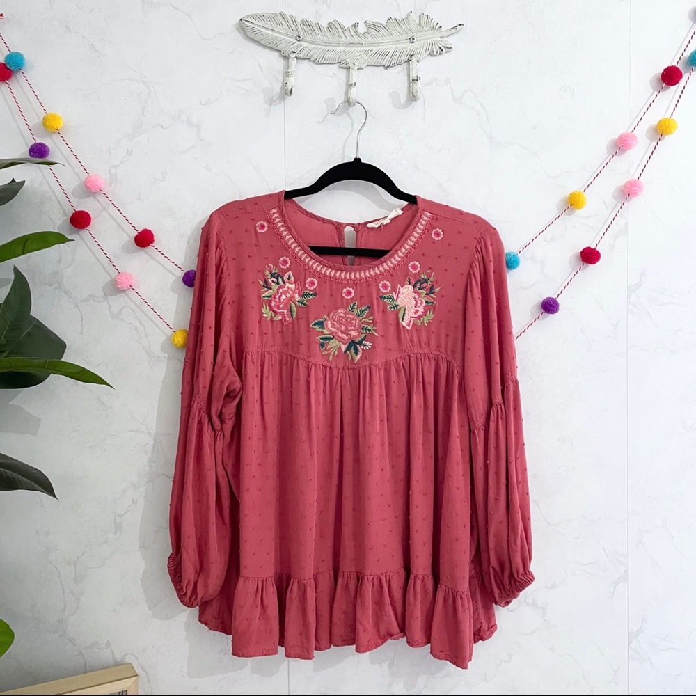 Solitare Pink Embroidered Texutured Floral Boho Blouse LARGE